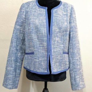 Blue/white/aqua tweed Chanel-style jacket